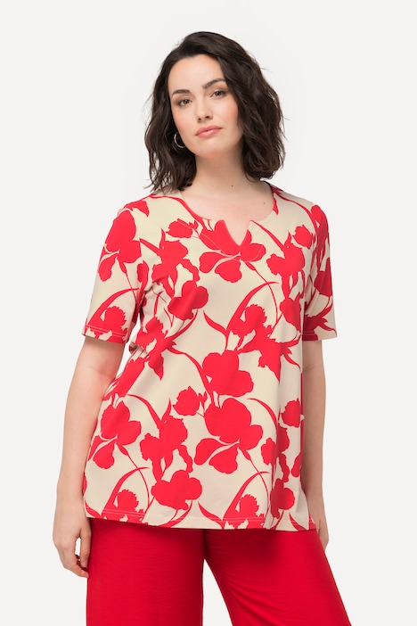 Tunika-Shirt, Blüten, A-Linie, Tunika-Ausschnitt, Halbarm