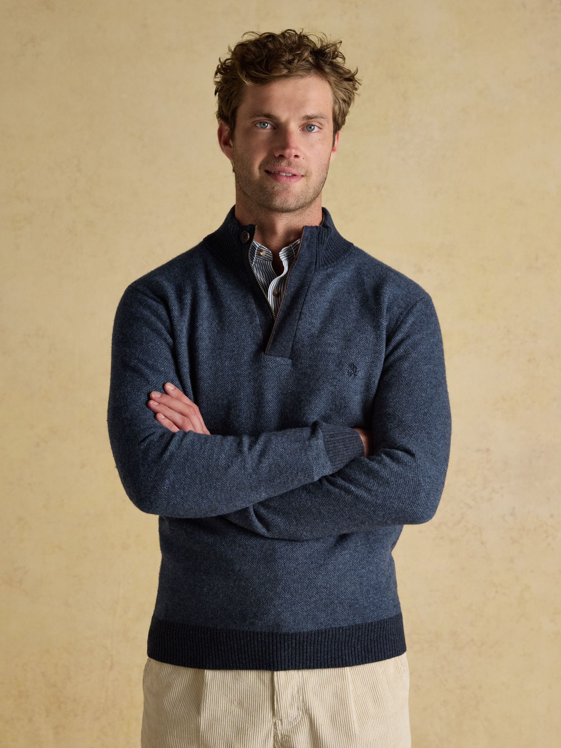 Blauw - Joules Highland Wool-Rich Button Quarter Zip Jumper