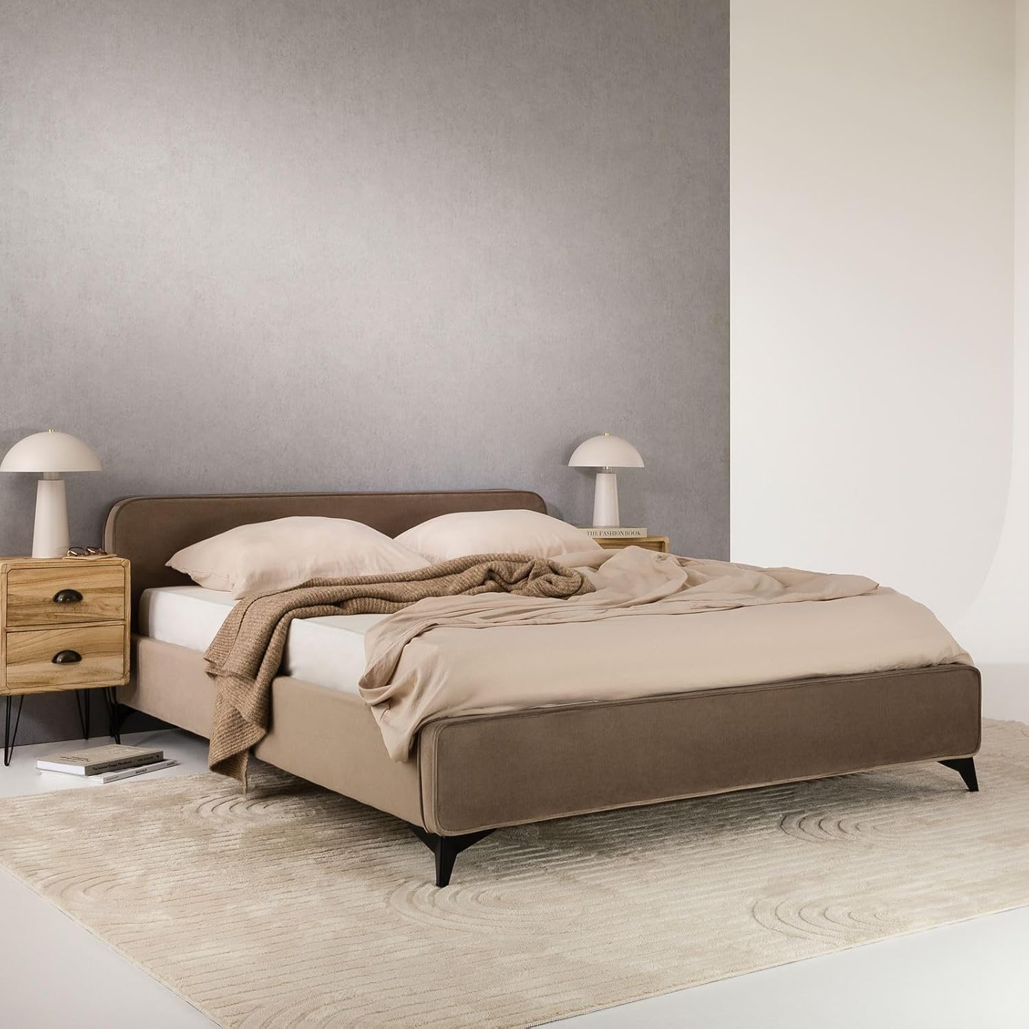 IDIMEX Polsterbett LAVORO Einzelbett 140x200, Greige - Bett mit Lattenrost und Samtstoffbezug, Bettgestell mit gepolstertem Kopfteil, modernes Design, Robuster Holzrahmen & Metallbeine
