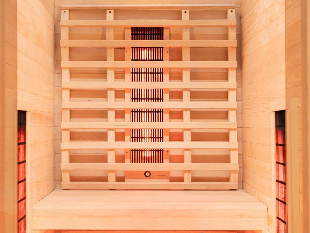 Infrarotkabine 1–2 Personen | Ganzglastür Klarglas | 90x100x195cm | Rubystrahler 1,3kW | Infrarotsauna für Zuhause | Fronteinstieg | Wärmekabine Indoor aus Holz Natur