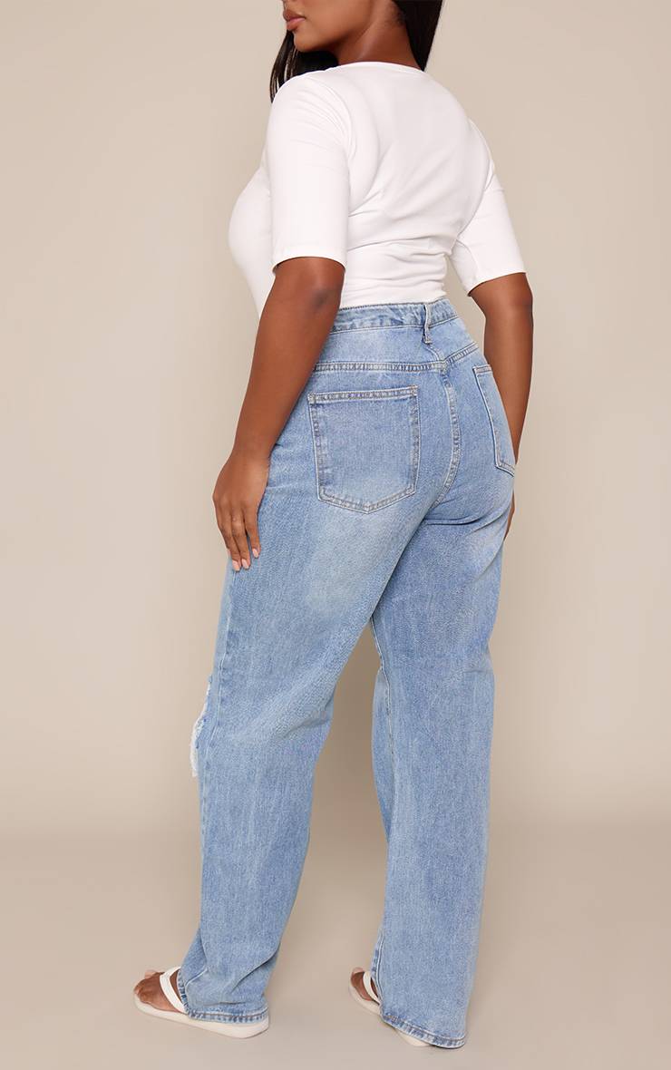 Light Blue Wash Jean Droit Jambe Longue Genou Ouvert Délavé Plus