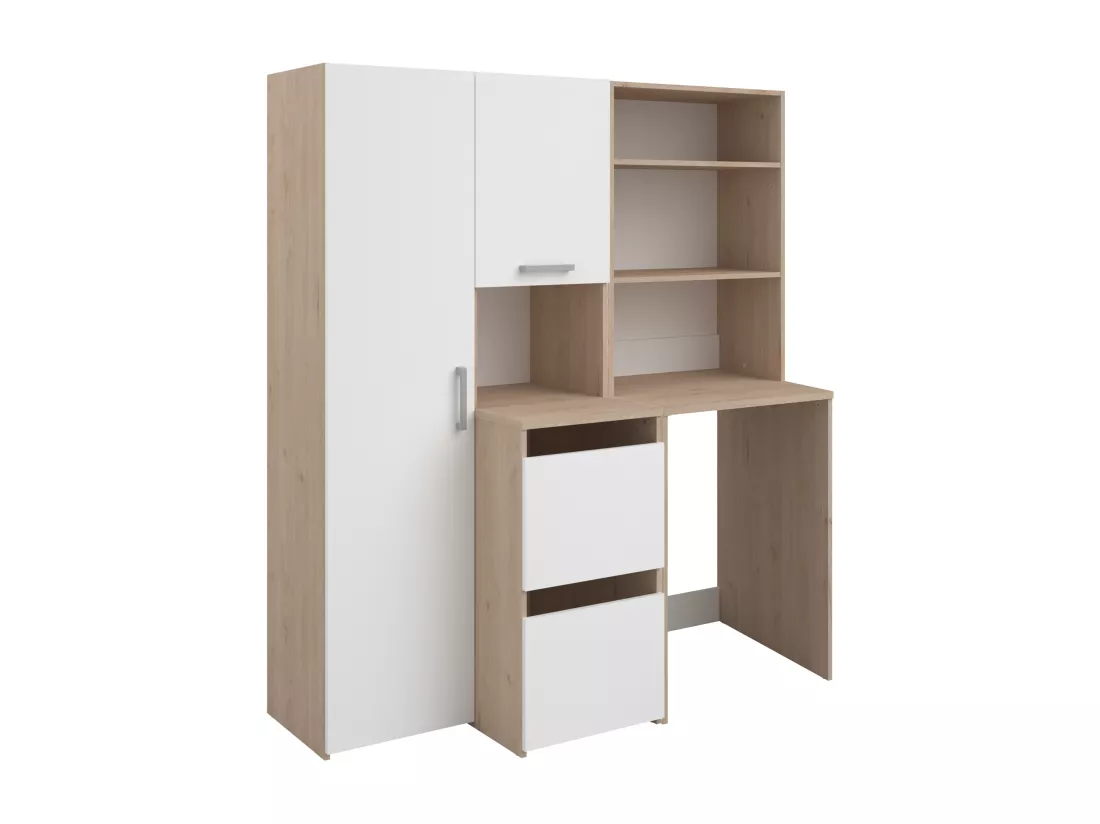 Meuble pour machine à laver avec étagères, placards et colonne de rangement - Naturel clair et blanc - L156 x H184 cm - ERKANO
