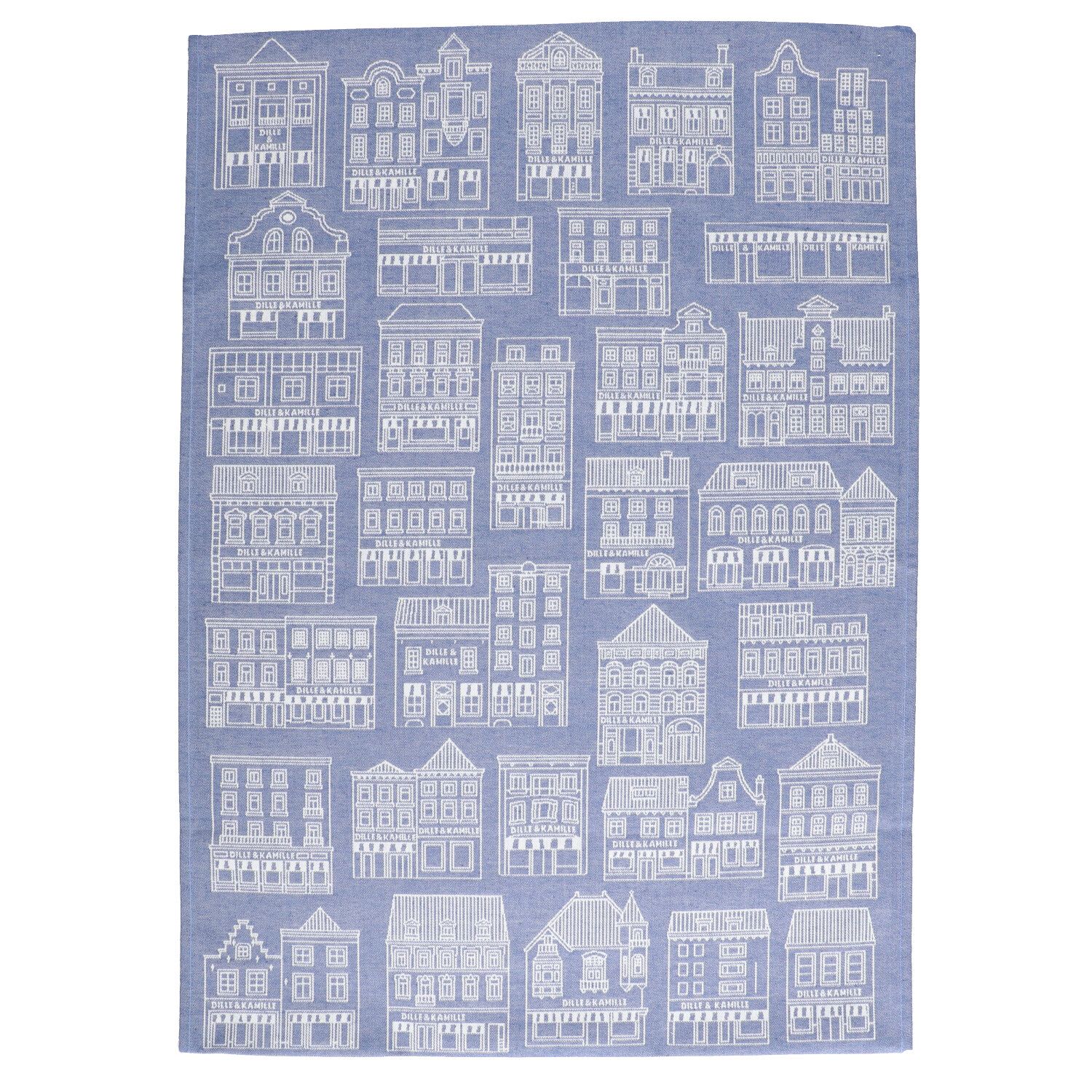 Theedoek, katoen, blauw/wit met gevelmotief