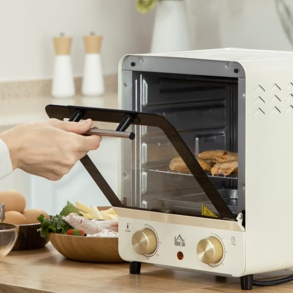 Miniovn 15L, 1 times timer, 60-230°C, pizzaovn med sirkulasjonsluft, 1000 W, miniovn med stekebrettsett, smulebrett, kremhvit