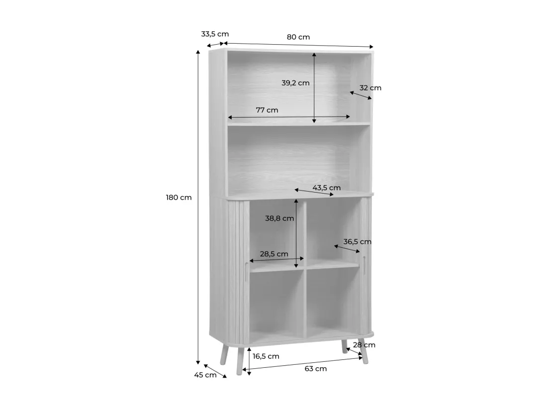 Etagère bibliothèque scandinave. 2 portes coulissantes. 4 niveaux. effet bois rainuré. L 80 x P 45 x H 180cm