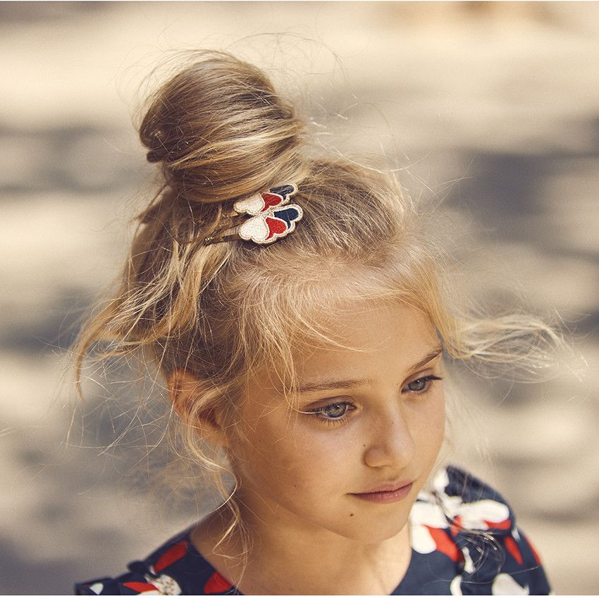 Lot de 2 barrettes + 3 élastiques cœurs pour fille - Bleu marine