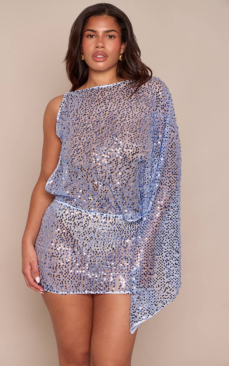 Icy Blue Robe Mini Ajustée À Sequins Semi-transparents Bleus Avec Manche Chauve-souris Asymétrique