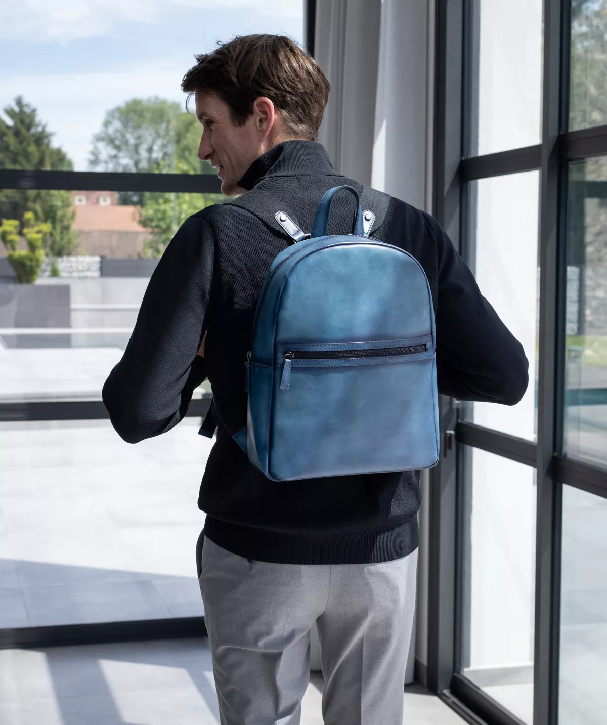 Sac à Dos en Cuir Patiné Bleu