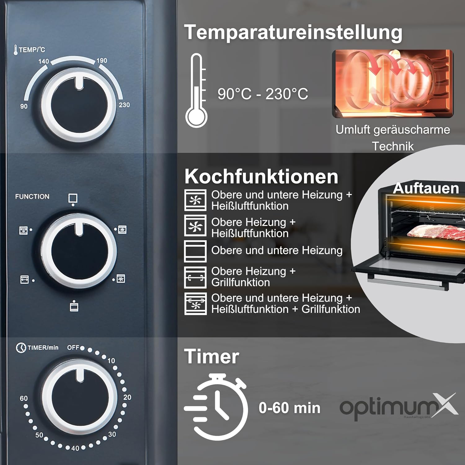 OptimumX Minibackofen 60 Liter XXL mit Umluft, 2200W, Drehspieß, Anthrazit