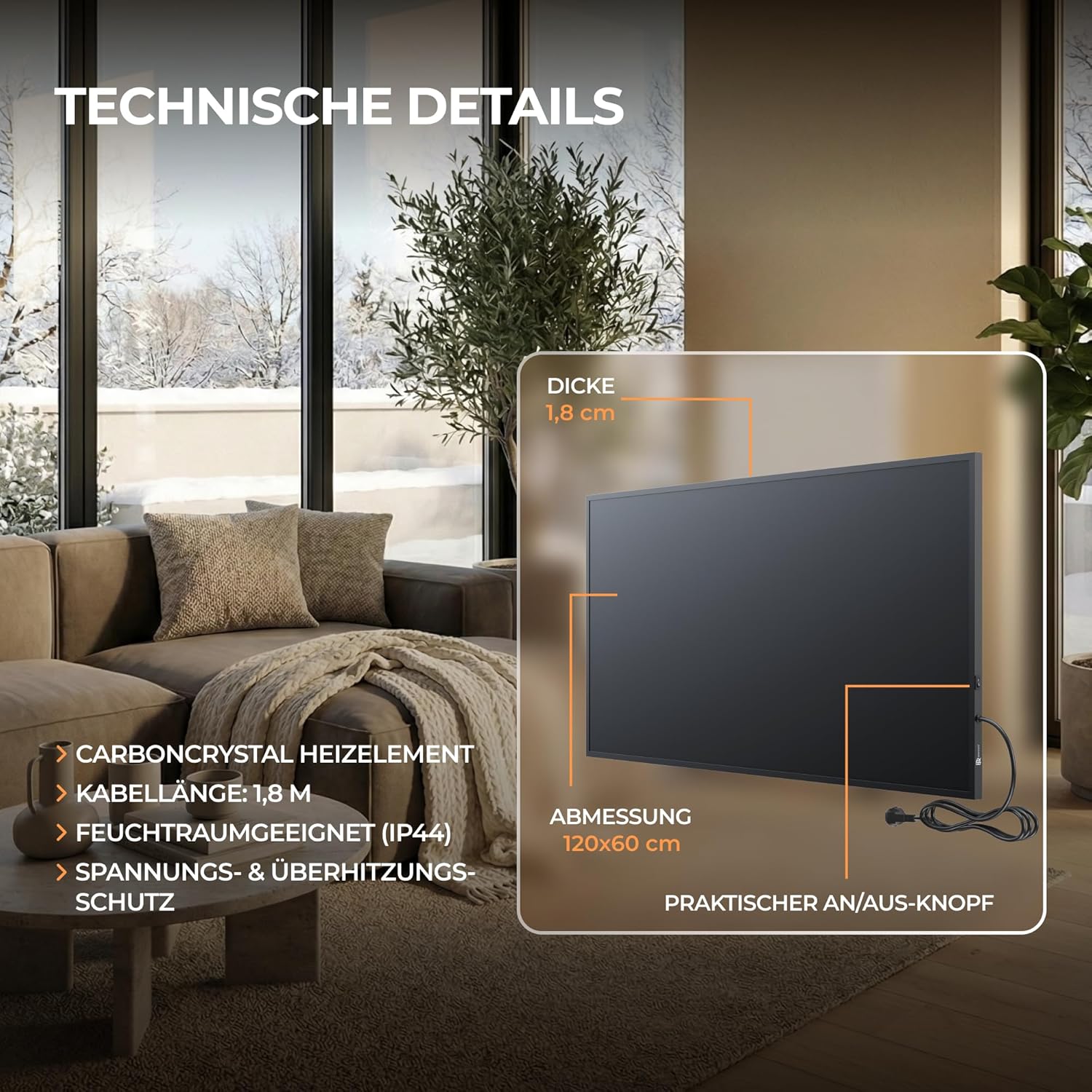 BR Bringer Infrarotheizung 1000 Watt - mit Thermostat und Fernbedienung - Infrarot Elektroheizung Energiesparend - TÜV & GS - Deutsche Qualitätsmarke (schwarz)