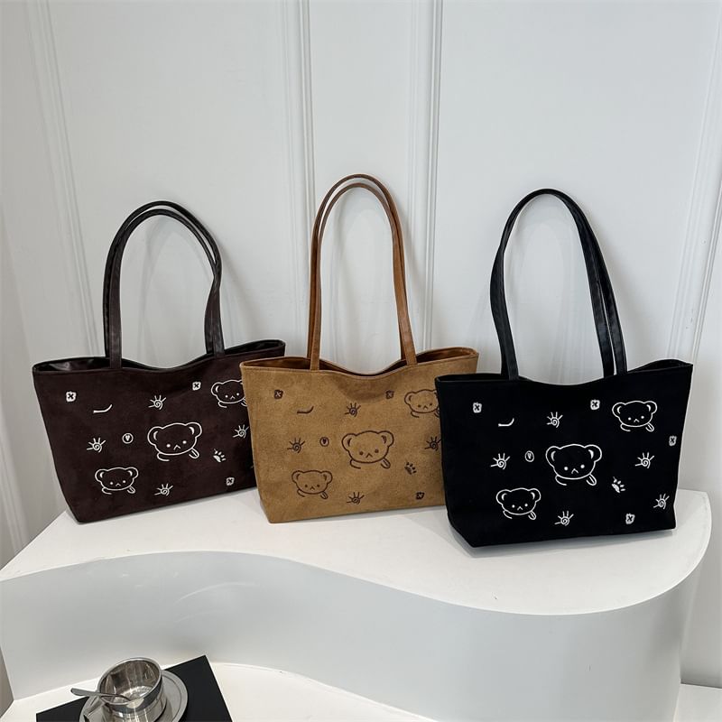 Kleevelind - Tote Bag van imitatiesuède met beerborduursel