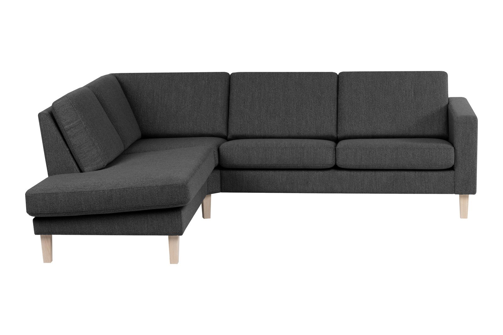 Slogen hjørnesofa Oppsett AV. 2,5-seter med åpen ende venstre. Tekstil Viva Dark Grey med standard ryggpute. Vange B og hvitpigmentert ben 178.