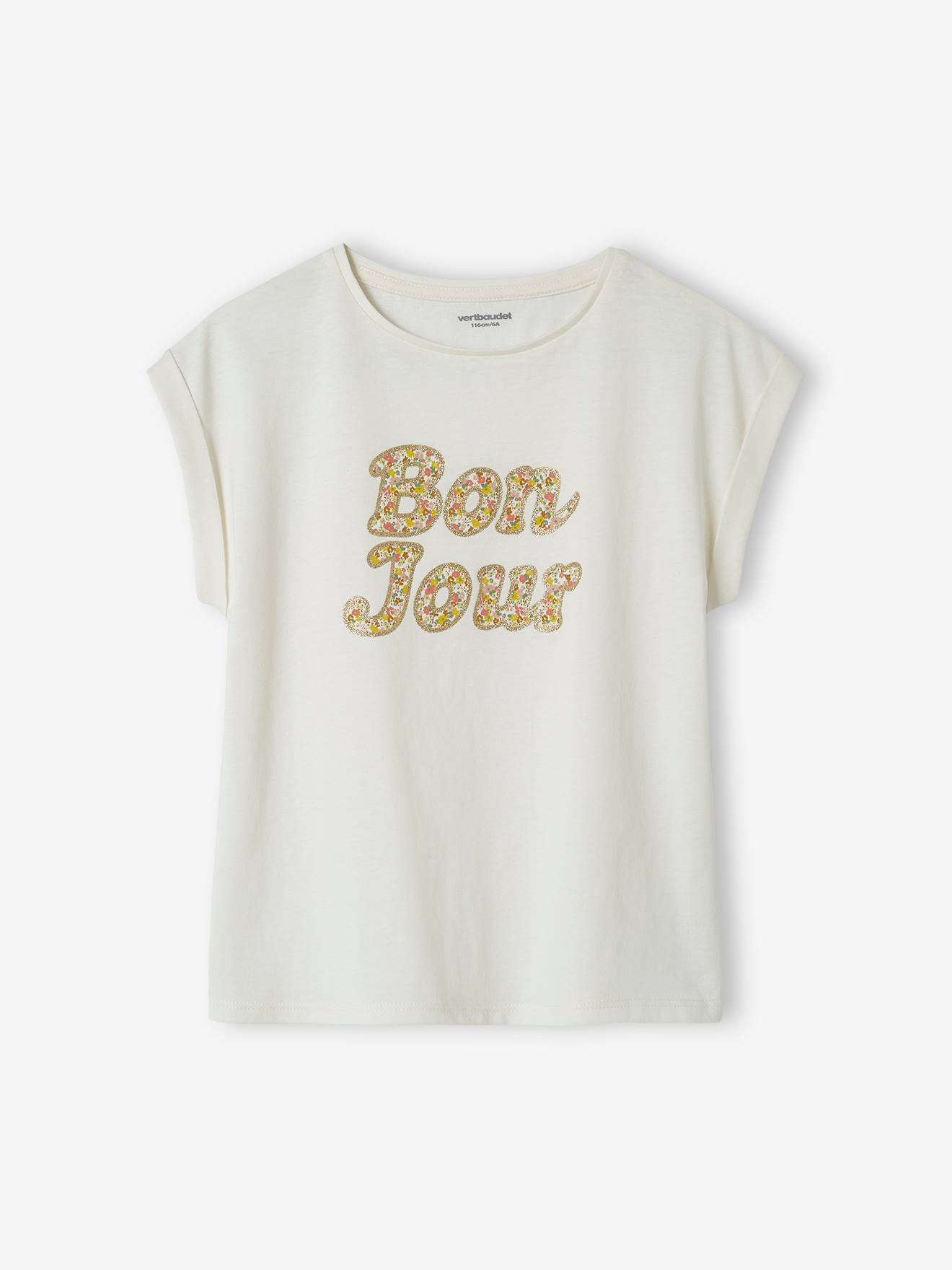 Camiseta infantil off-white com estampa floral.