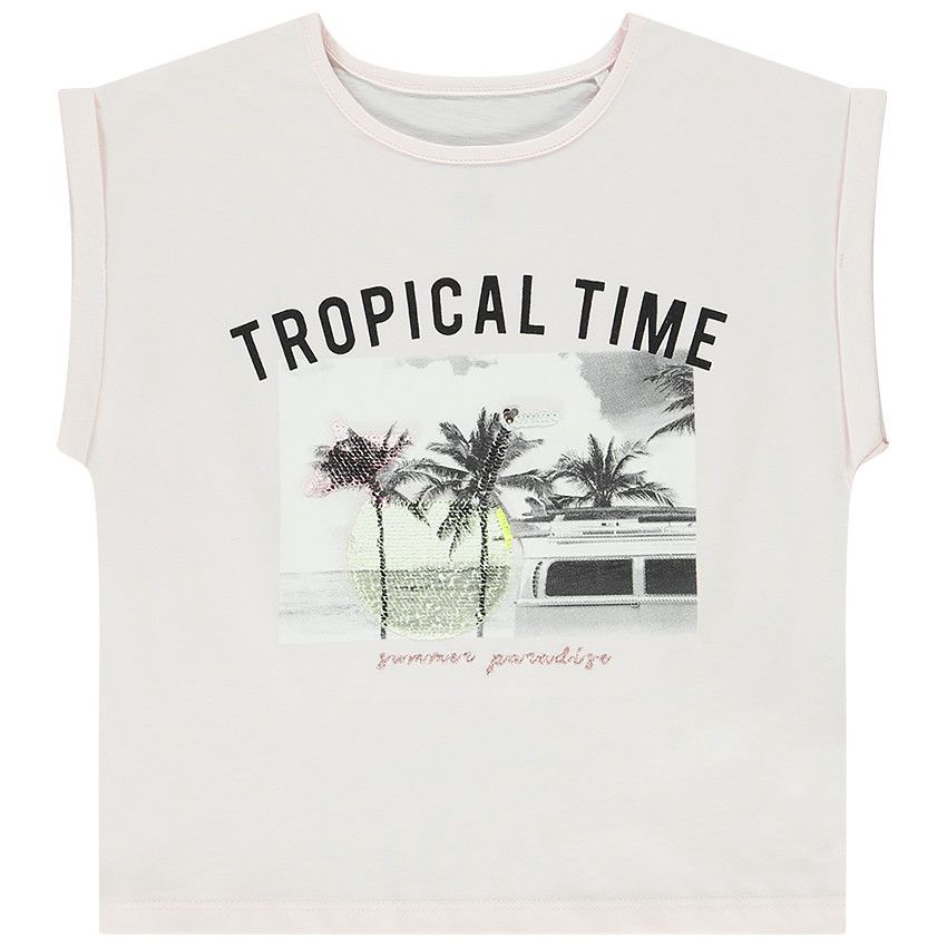 T-shirt forme boîte manches courtes print fantaisie fluo pour fille - Lilas