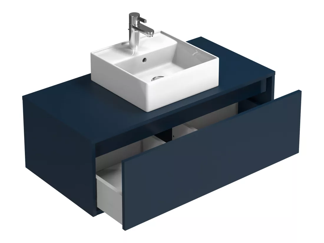 Meuble de salle de bain suspendu coloris bleu nuit avec simple vasque carrée - 94 cm - TEANA II