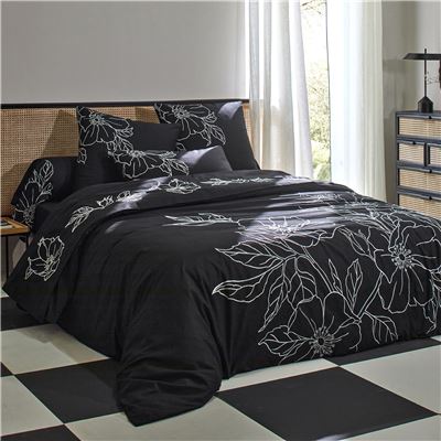 Linge de lit percale grandes fleurs brodées - BECQUET CRÉATION