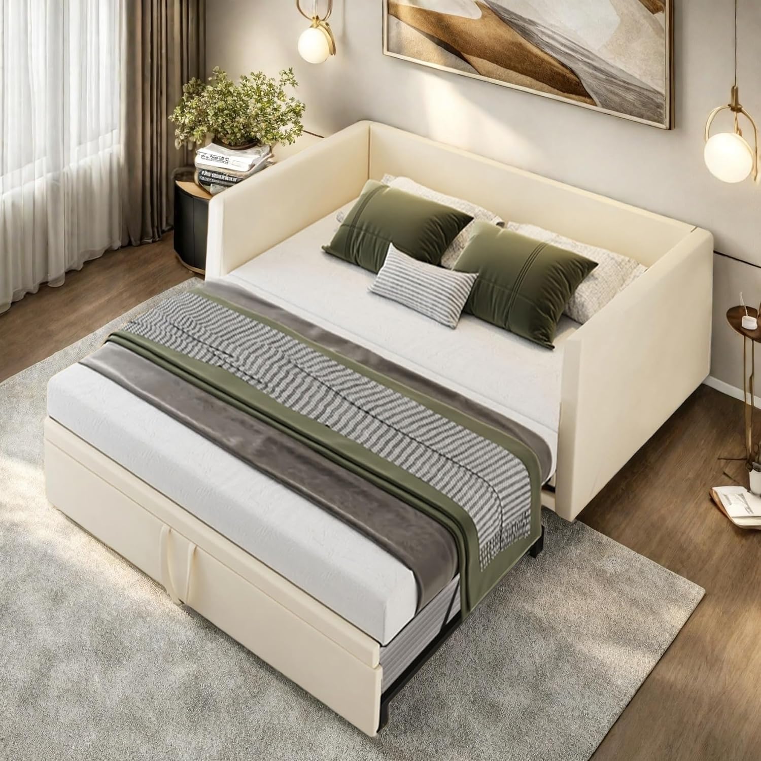 Polsterbett, Schlafsofa Ausziehbar Für 2 Personen, Tagesbett, Ausziehbett Gleiche Höhe, Schlafcouch Mit Lattenrosten Und Rückenlehne, Multifunktionsbett, Samtstoff, Ohne Matratze (Beige, 90/180x200cm)