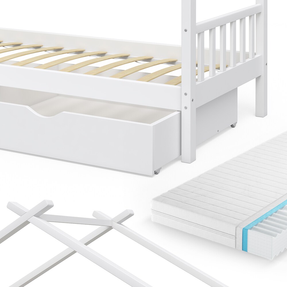 VitaliSpa Kinderbett Hausbett Kinderhaus Design Weiß 90x200 Schublade Matratze