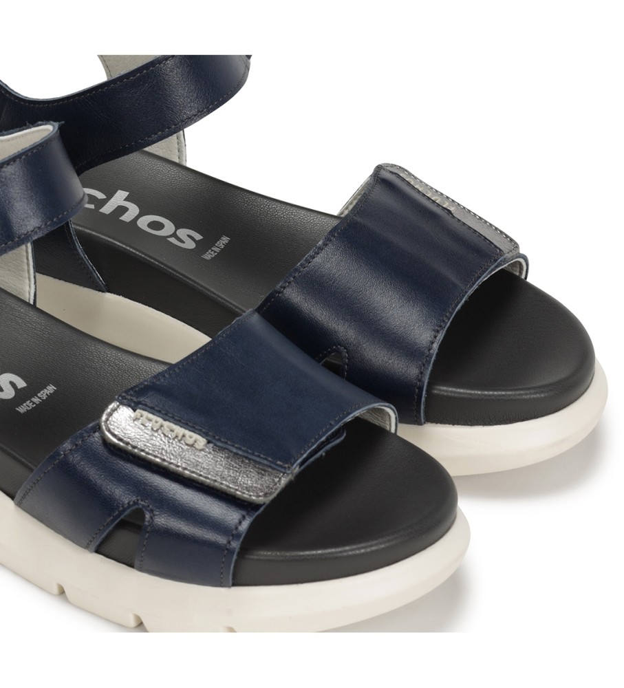 Sandálias Fluchos Hellen em couro, modelo F1708, cor azul marinho - Salto plataforma de 5 cm -