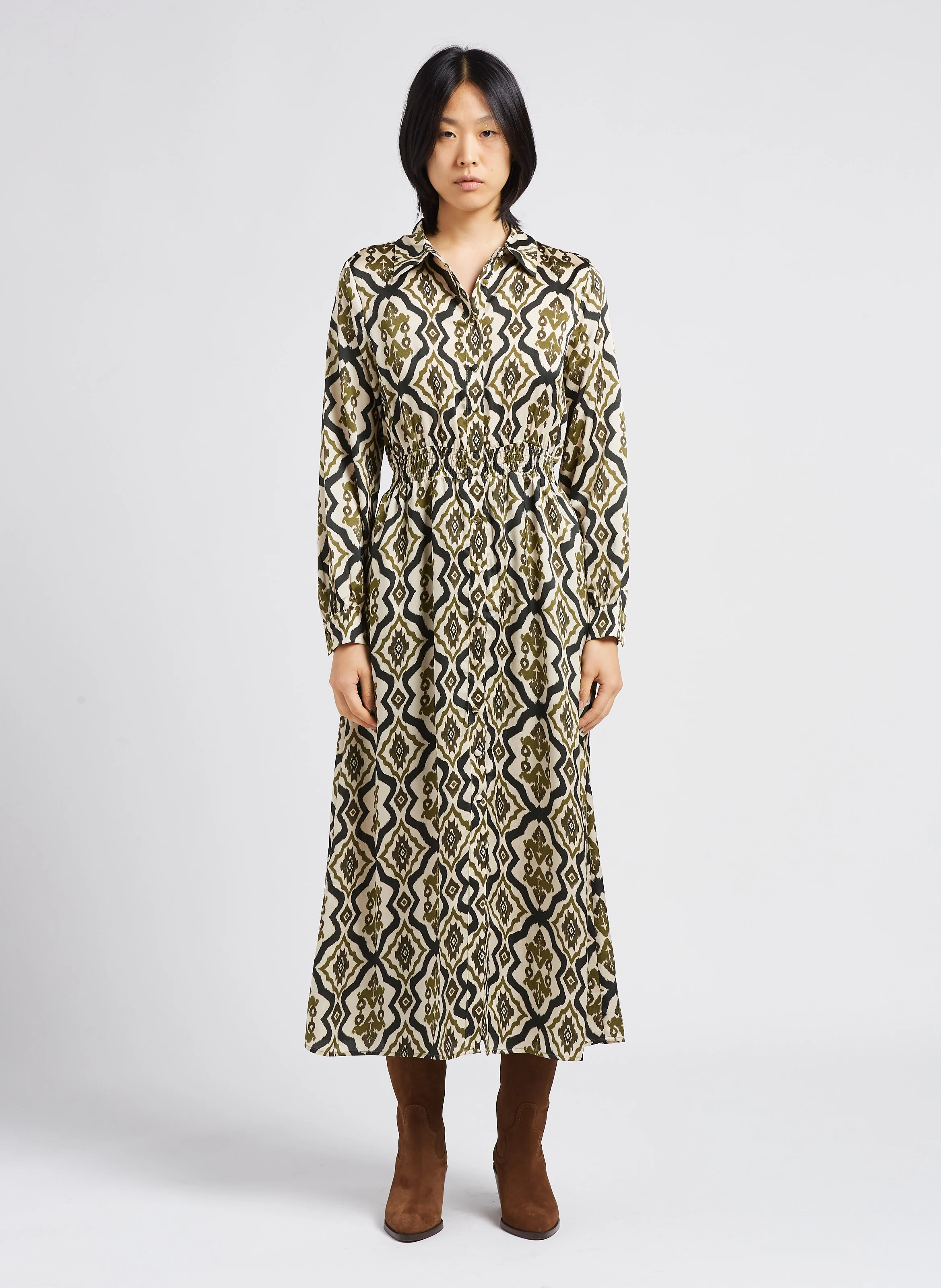 ENSO - Robe longue col classique imprimé graphique| Vert