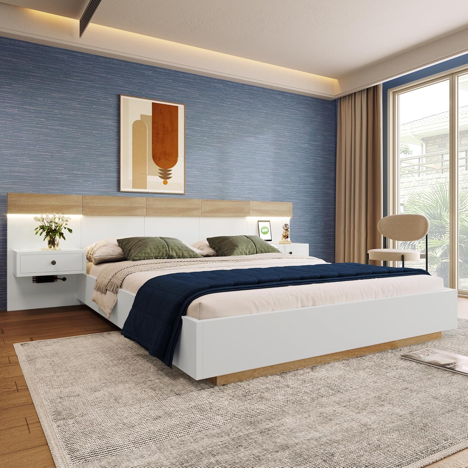 Doppelbett 180x200 cm, integriertes Kopfteil mit 2 LED Nachtkommoden und USB Ladefunktion, Holzbett Bettanlage mit Lattenrost, Funktionsbetten Rückenlehne Bettgestell, Ohne Matratze, Weiß+Eiche SF6772142