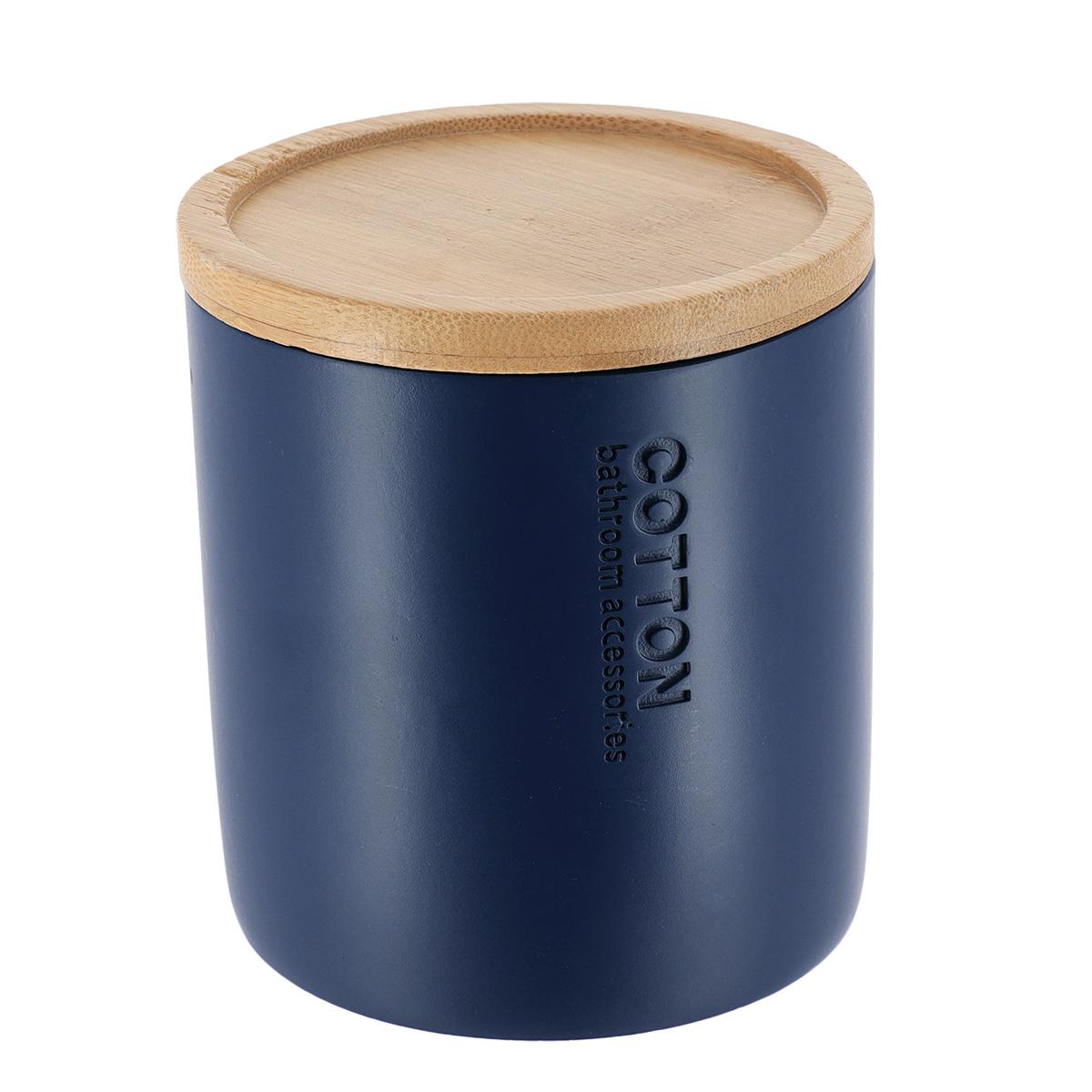 BOITE A COTON POLYRESINE COUVERCLE BAMBOU BLEU MARINE