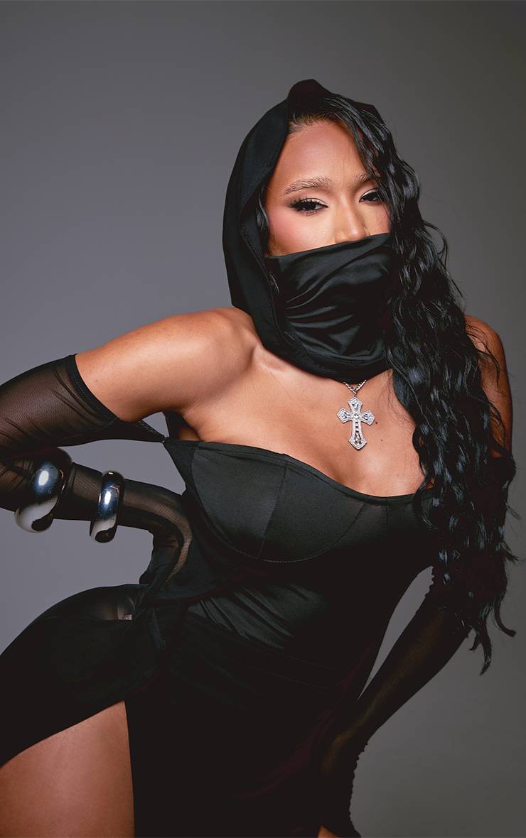 Noir Robe Maxi Moulante Shape À Casynthétiqueche En Mesh Avec Body Intégré Et Gants