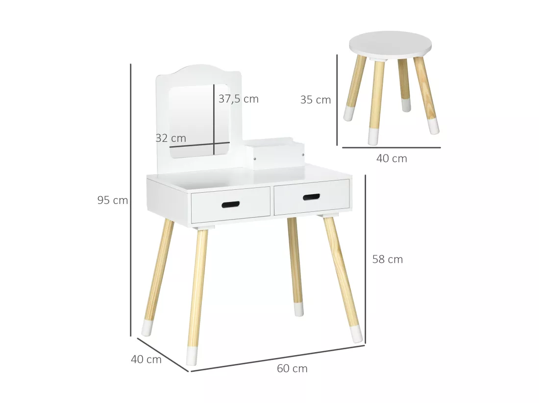 Coiffeuse enfant design scandinave - tabouret inclus - 2 tiroirs, niche, miroir - bois pin MDF blanc