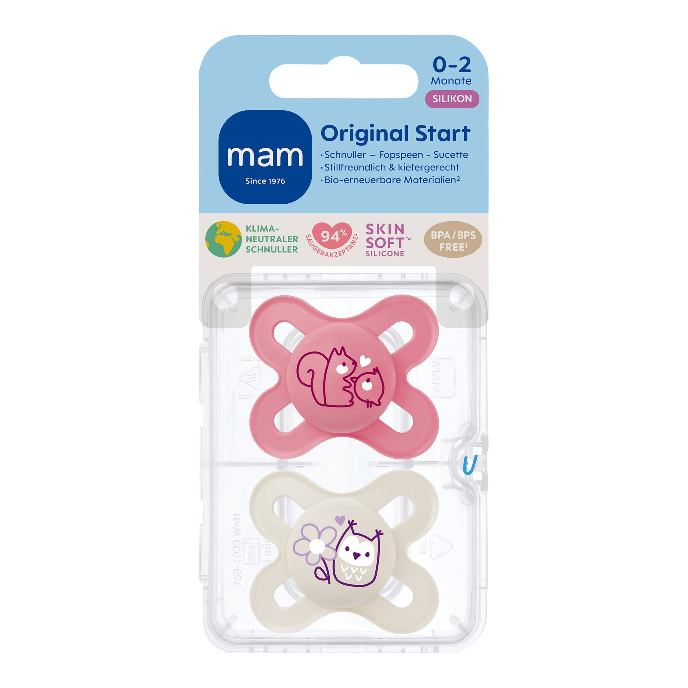 MAM 2er-Pack Schnuller Original Start Silikon, 0-2M pink