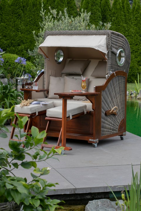 Westerland strandstoel, mahonie, patrijspoort, PE grijs design 550