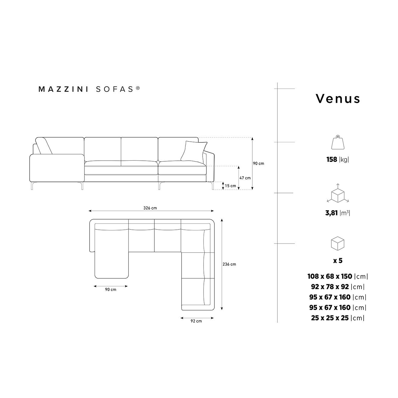 Mazzini Sofas Canapé Panoramique droit Velours Venus 6 Places beige clair - 326x236x90 cm