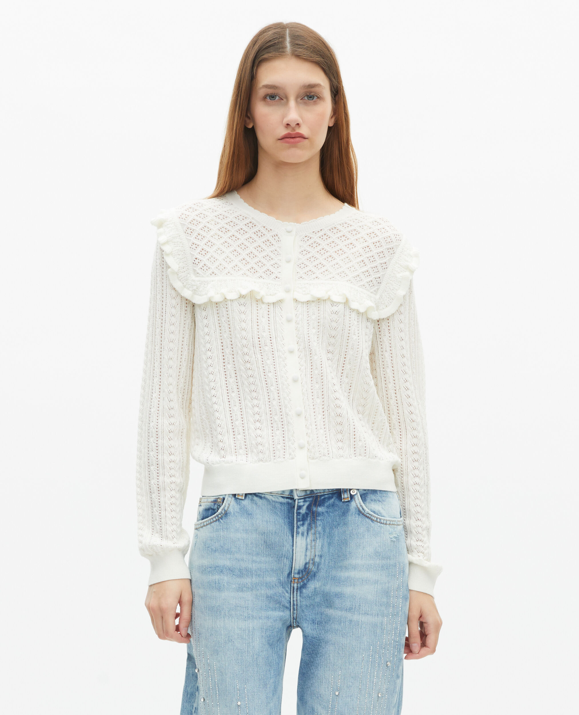 Cardigan avec volants en laine mérinos écru