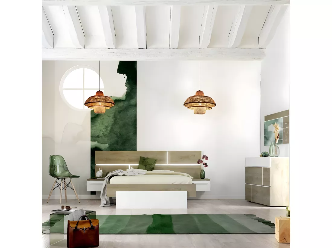 NINO LIGHT - Lit 180x200cm avec Leds et Chevets Suspendus + Commode