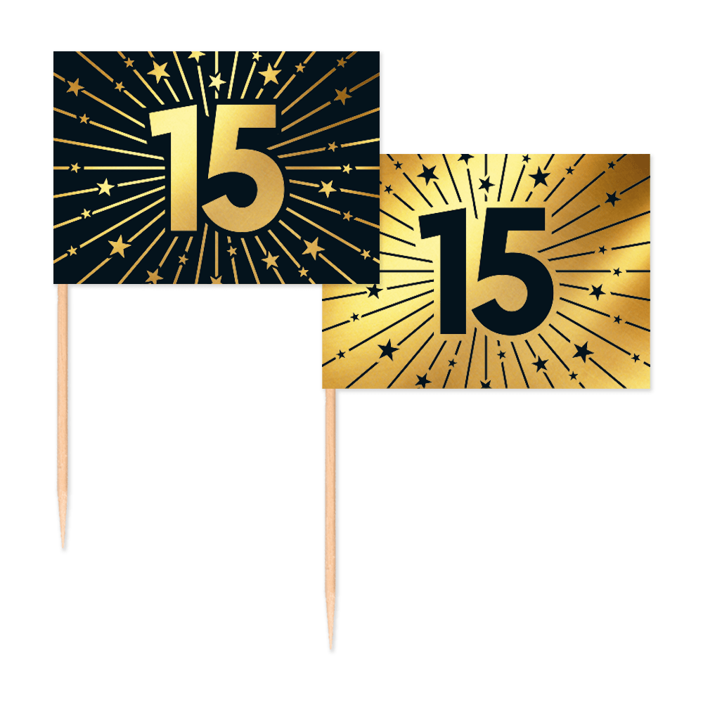15 Jaar Cocktailprikkers Goud Zwart 50st
