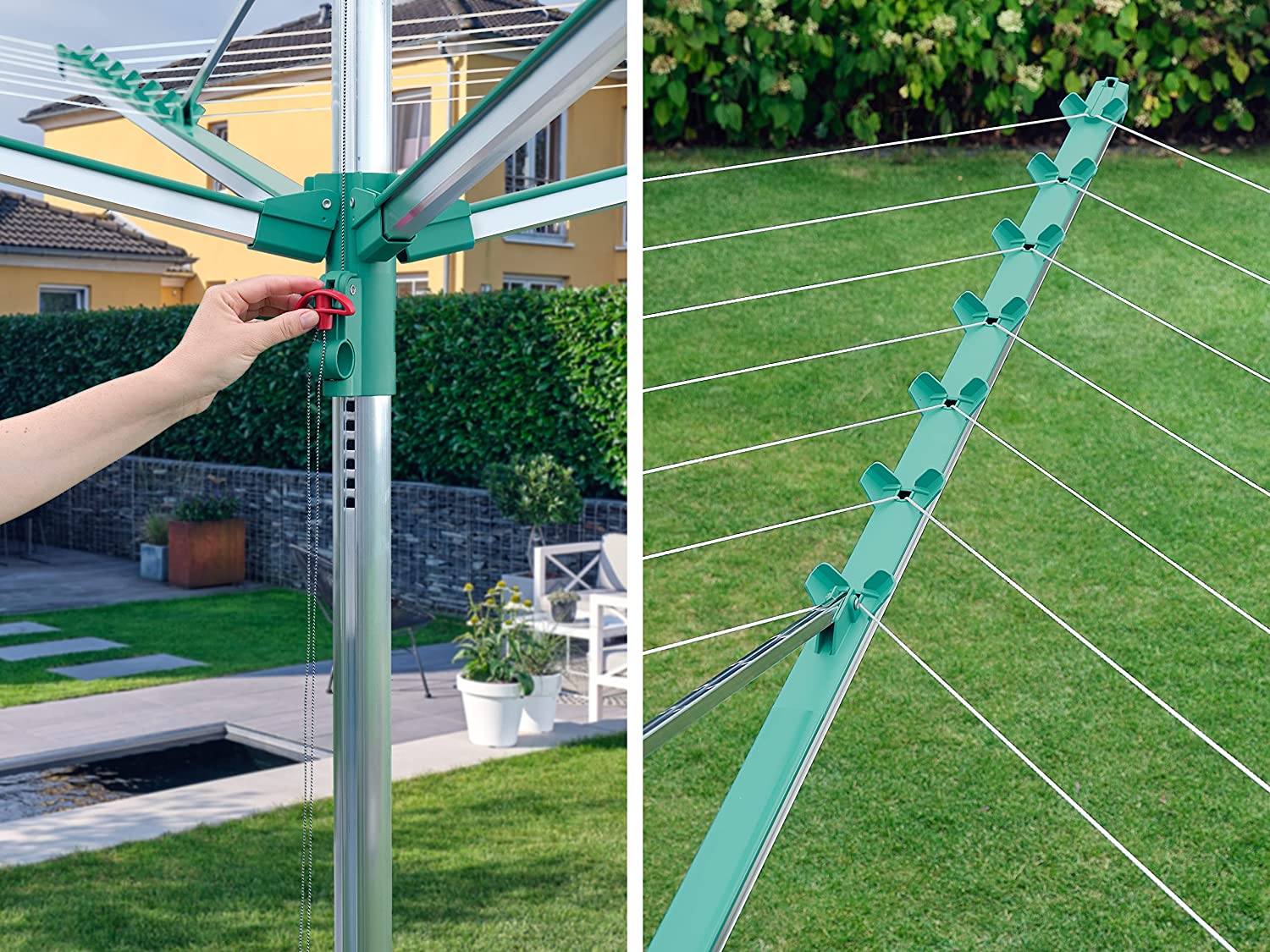 Leifheit Linomatic V400 droogmolen met automatische lijnintrekking voor strakke lijnen, 40 m lijnlengte voor 4 wasbeurten, met Easy-Lift-systeem voor eenvoudig openen, inclusief bodemhuls en wasknijpers