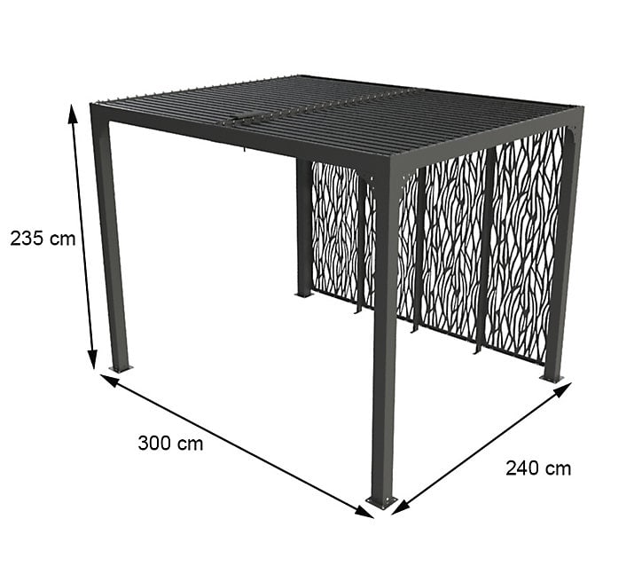 Pergola bioclimatique autoportante manuelle aluminium Habrita PER3630MBI gris 2,40 x 3 m avec 1 côté moucharabieh 4 gris