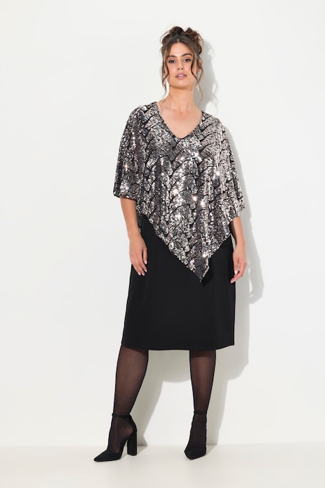 Kleid, doppellagig, V-Ausschnitt, Pailletten, Zipfelsaum