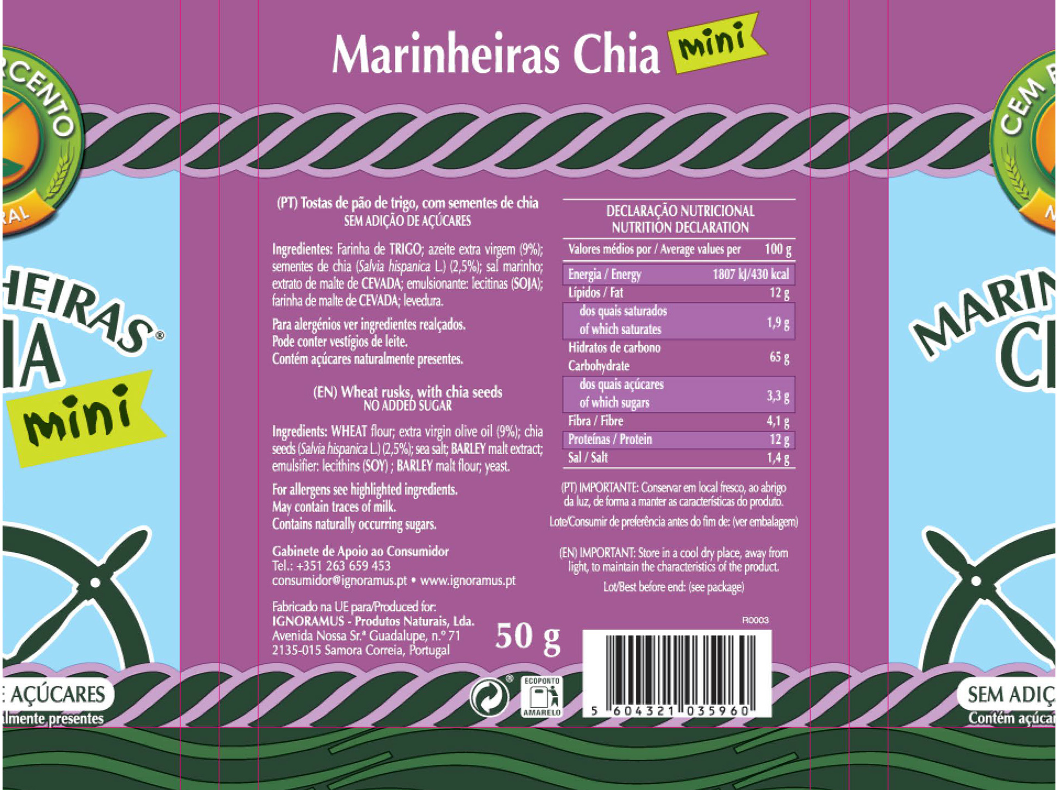 BOLACHAS CEM PORCENTO MINI MARINHEIRAS CHIA 50G