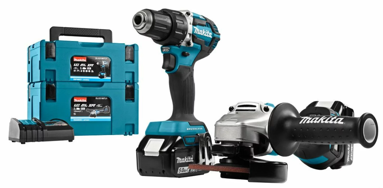 Makita DLX2190TJ1 18V Li-Ion accu DDF484 Accuboormachine & DGA504 Accu Slijper combiset (2x 5.0Ah accu) in MBox