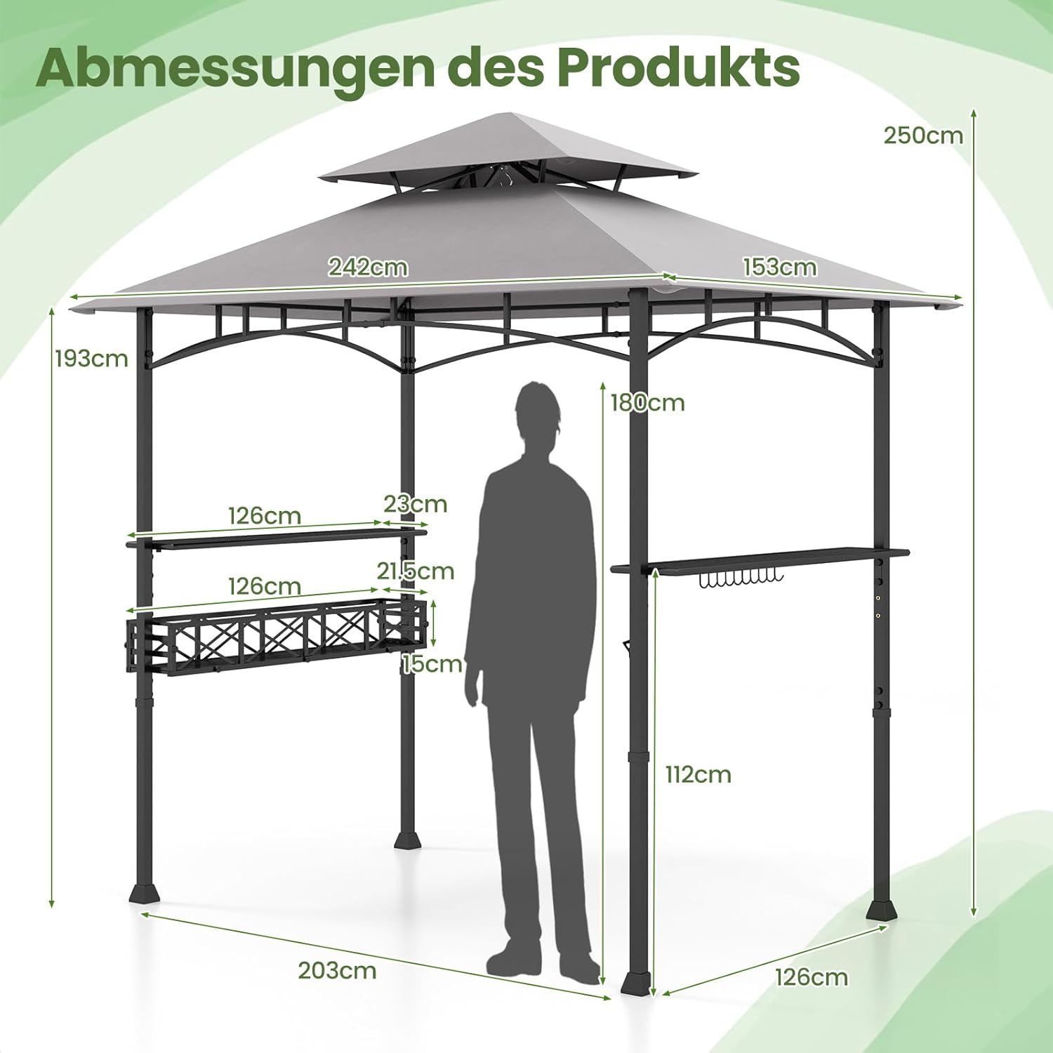COSTWAY Grillpavillon mit Doppeldach, Seitenregalen, Metallkorb, Haken und Flaschenöffner, Grillüberdachungen wetterfest, Grillunterstand für Garten, Außenbereich, 242 x 153 x 250 cm (Grau)