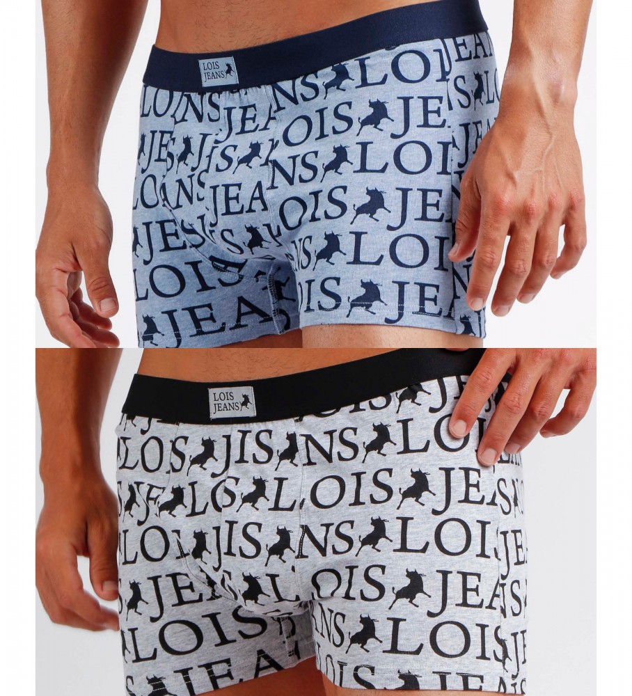 Conjunto de 2 cuecas boxer Lois com letras nas cores azul e cinza.