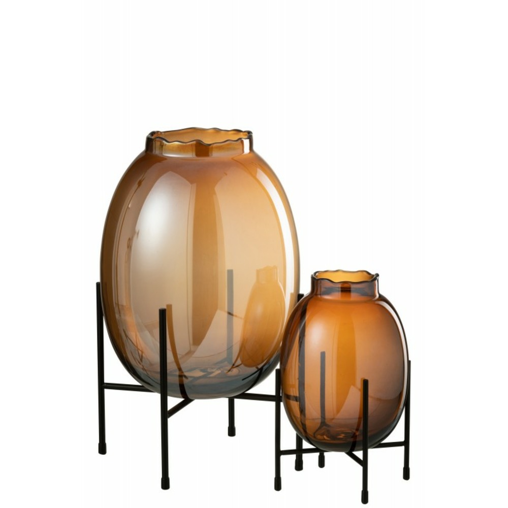 Vase sur pied métal en verre marron 16x16x27 cm
