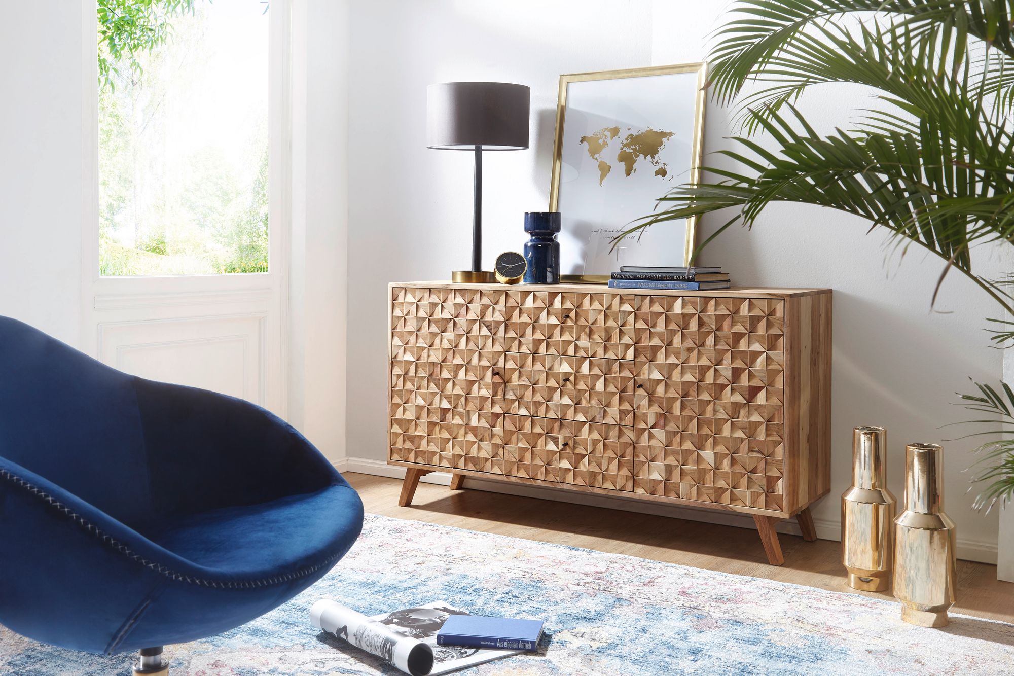 KADIMA DESIGN Sideboard ALME, Massivholz Akazie, 140x78,5x40 cm, Landhaus-Stil, 3 Schubladen & 2 Türen