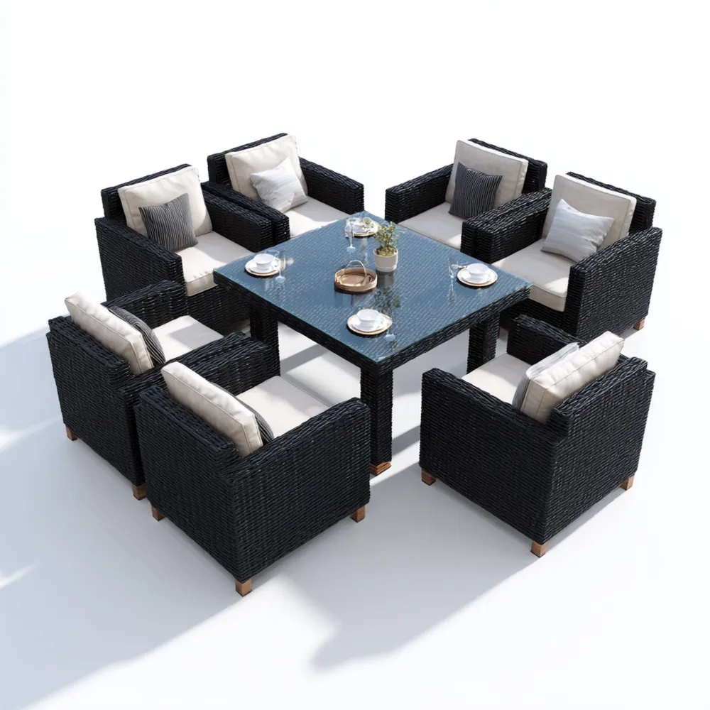 Garten-Esstisch-Set Polyrattan 8-teilig - Schwarz - Modernes Design 150 x 90 x 75 cm