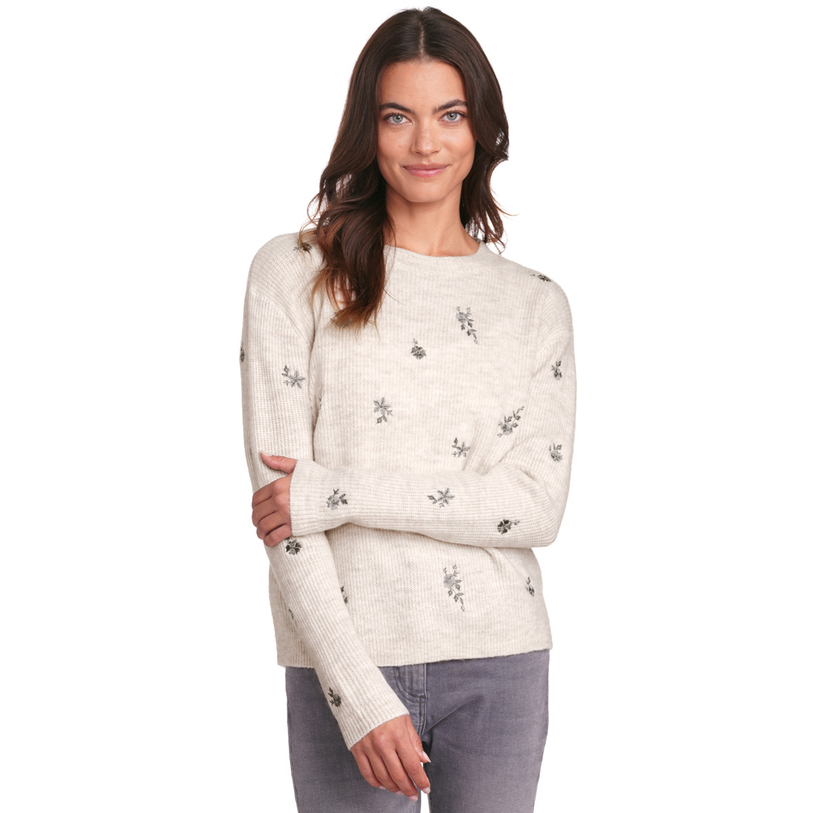 Gina Damen Strickpullover mit Stickerei creme