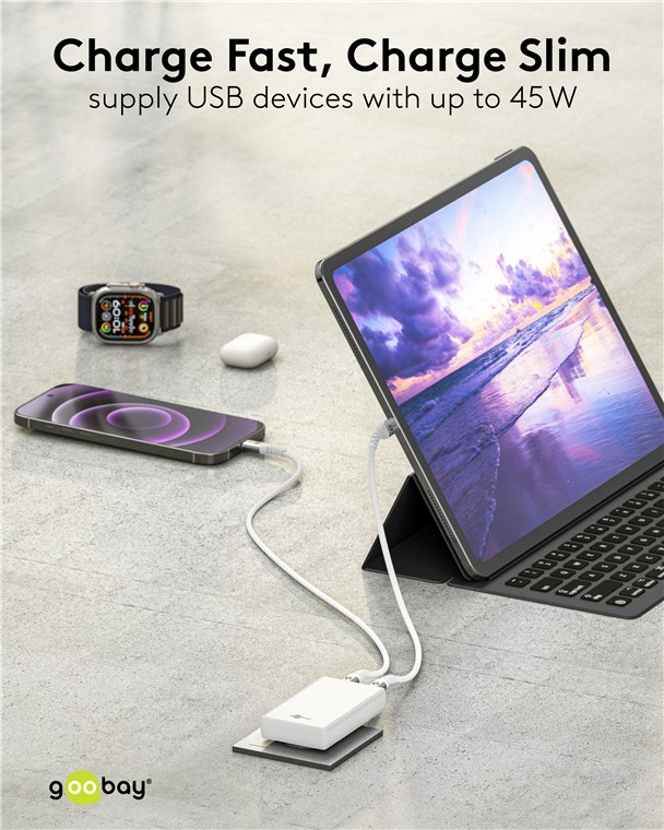 (45W) Dual 90° Flat USB C / USB A GaN Ladegerät Netzteil Power Delivery Quick Charge (75720) - Weiss