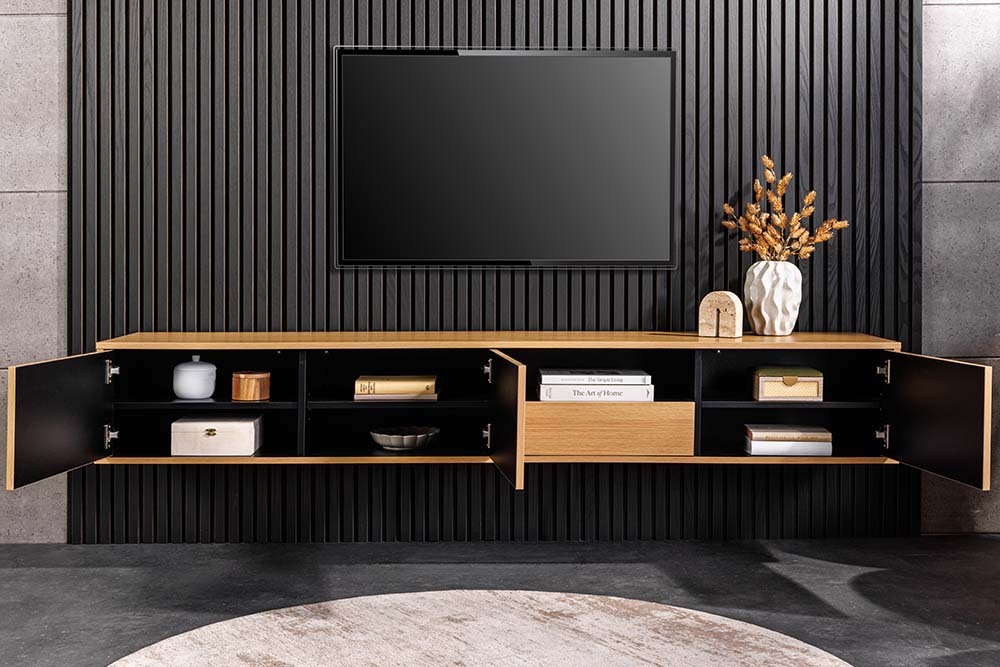 Hängendes TV-Board LOFT 200cm natur schwarz sieben Fächer mit Schublade