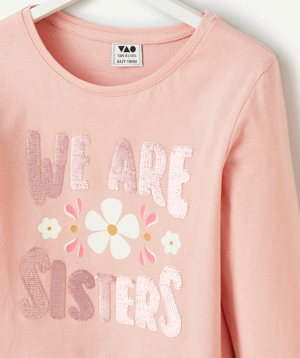 T-SHIRT MANCHES LONGUES FILLE EN COTON ROSE AVEC MESSAGE EN SEQUINS