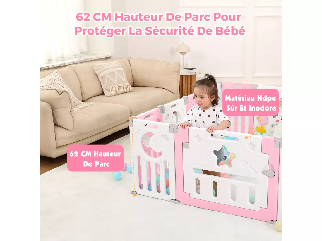 Parc Bébé 12+2 Panneaux,Barrière de Sécurité Portail,Grille de Protection en Plastiqu Ecologiques,150x150x62cm - Rose