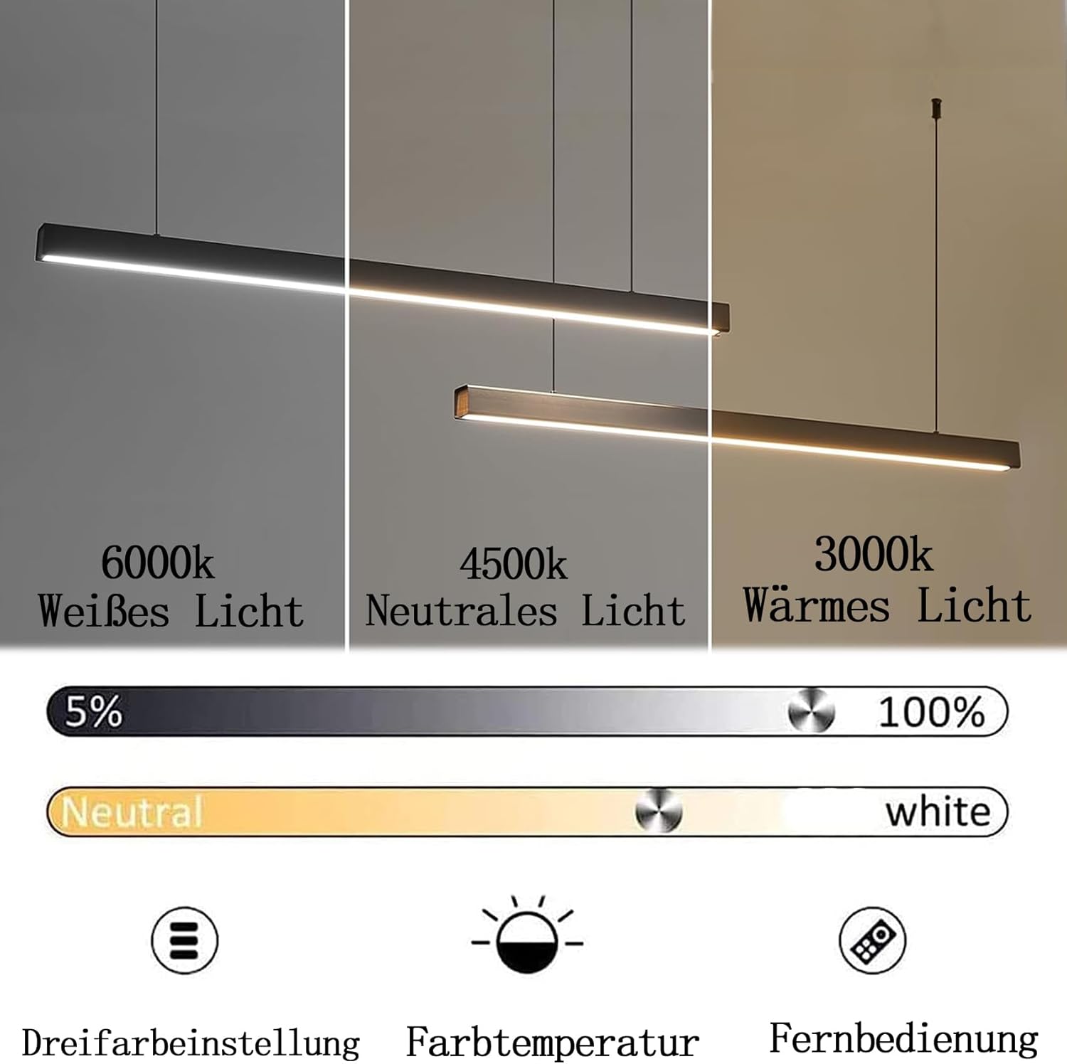 160cm Dimmbare LED Hängelampe esstisch,Schwarz Pendelleuchte mit Fernbedienung,64w Moderne Linear design Hängeleuchte,Esstischlampe hängend Höhenverstellbar Pendellampe,Esszimmerlampe,Bürolampe
